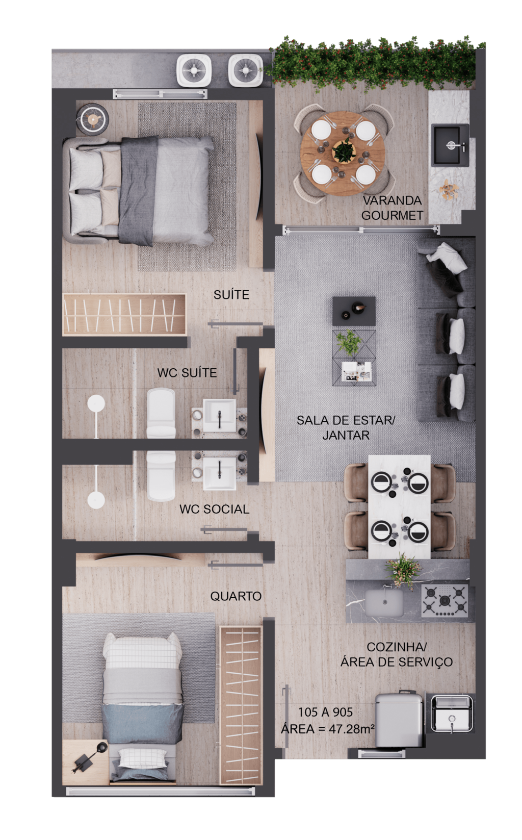 Planta 01 - 2 dorm 47,28m