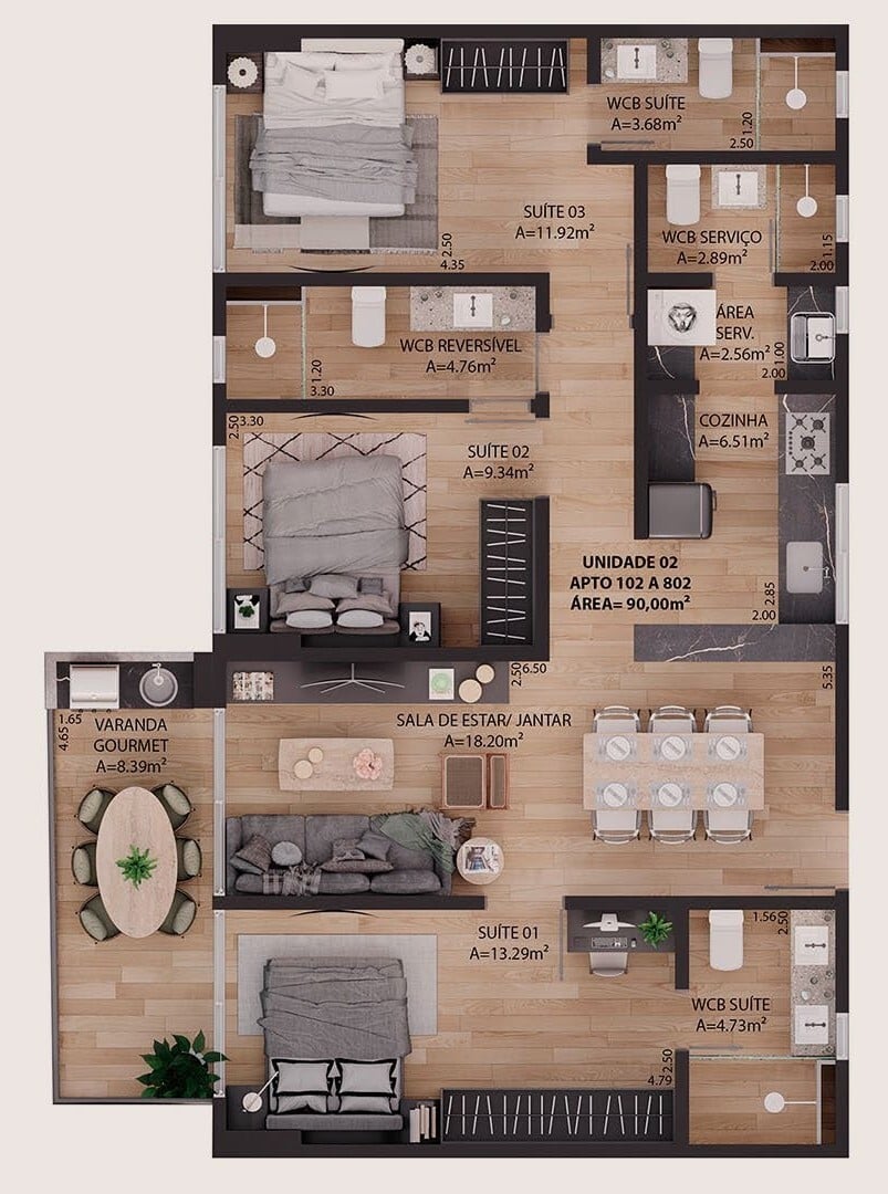 Planta 04 - 3 dorm 90m