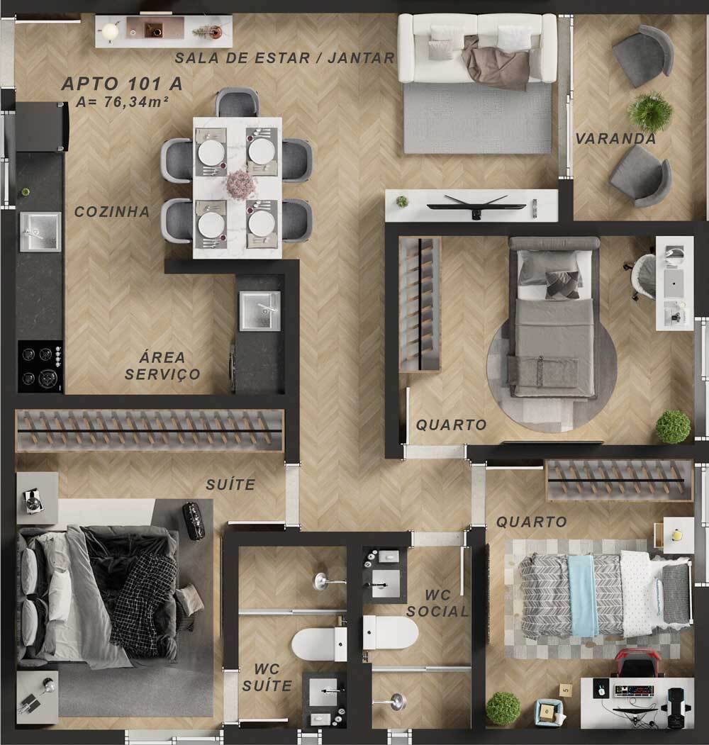 Planta 05 - 3 dorm 76,34m