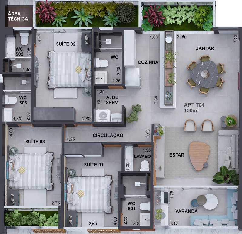 Planta 02 - 2 dorm 130,67m