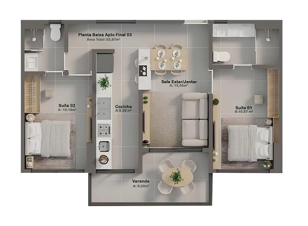 Planta 01 - 2 dorm 62,67m