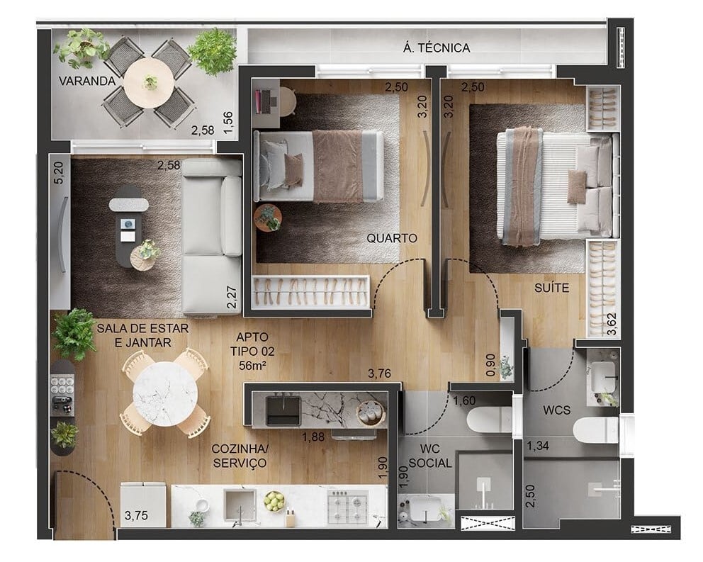 Planta 03 - 2 dorm 59,25m