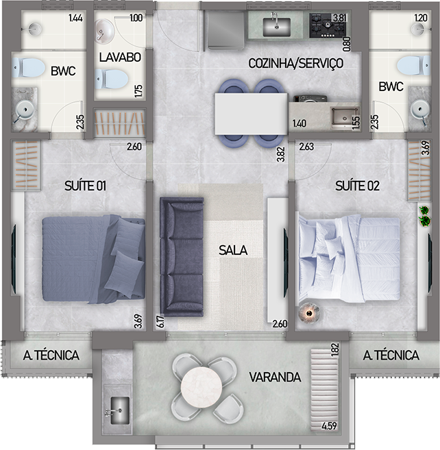 Planta 02 - 2 dorm 68m