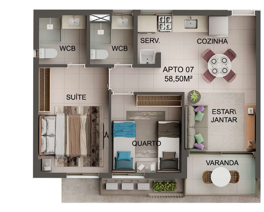 Planta 01 - 2 dorm 58,50m