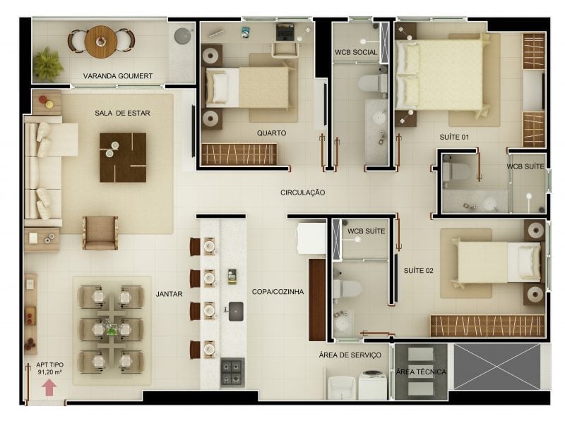 Planta 03 - 3 dorm 91,20m