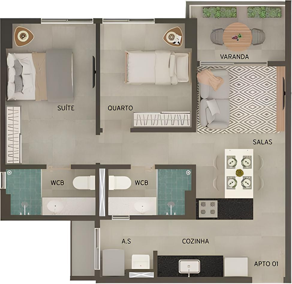 Planta 01 - 2 dorm 56,61m