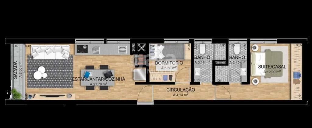 Planta 01 - 2 dorm 63 99m