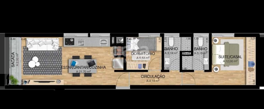 Planta 01 - 2 dorm 63 99m