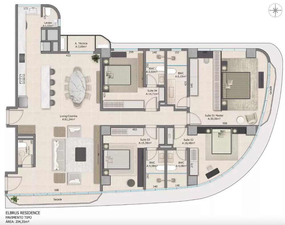 Planta 01 - 4 dorm 204,35m