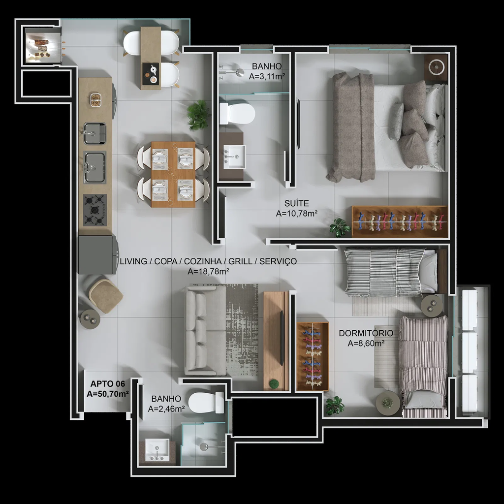 Planta 02 -  2 dorm 50,70m