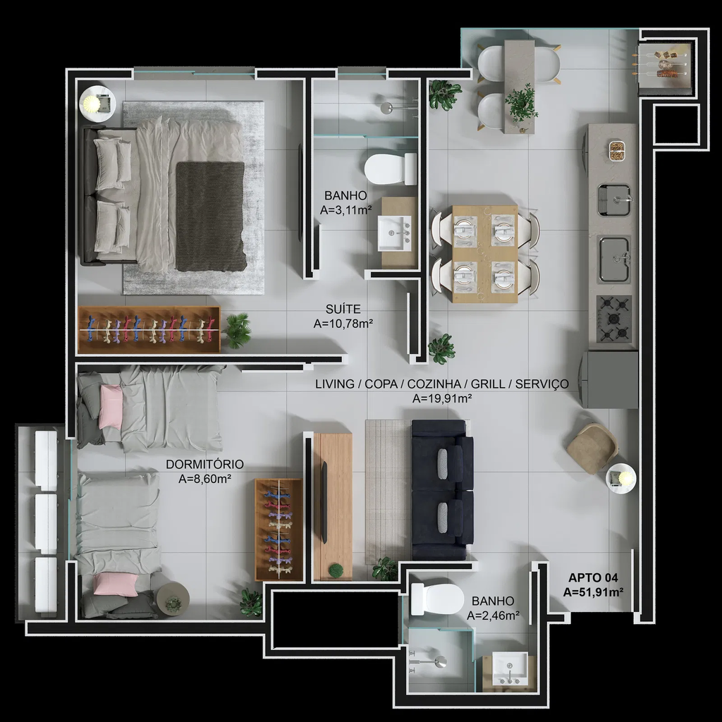 Planta 04 -  2 dorm 51,91m