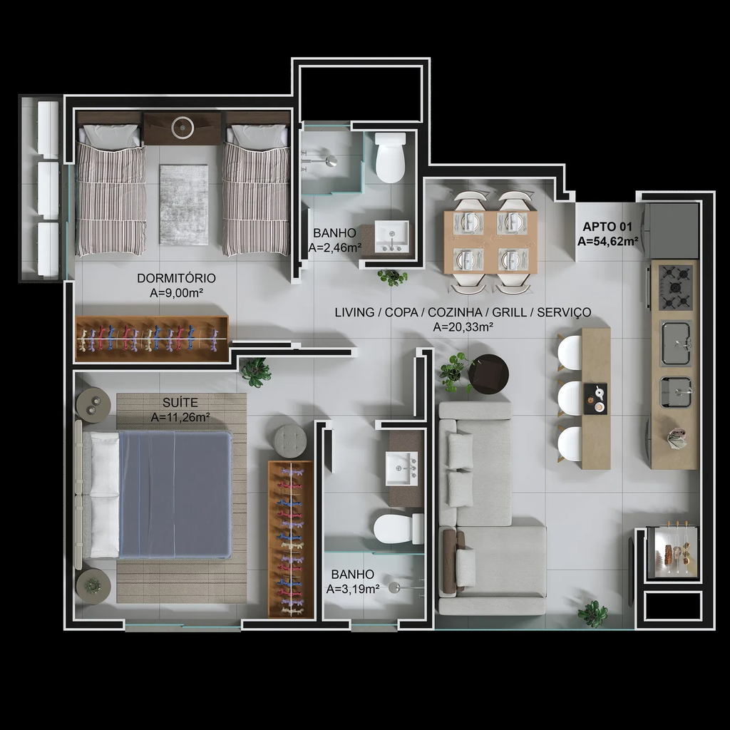 Planta 05 - 2 dorm 54,62m