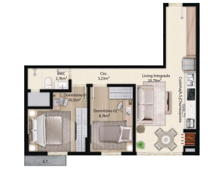 Planta 01 - 2 dorm 55m