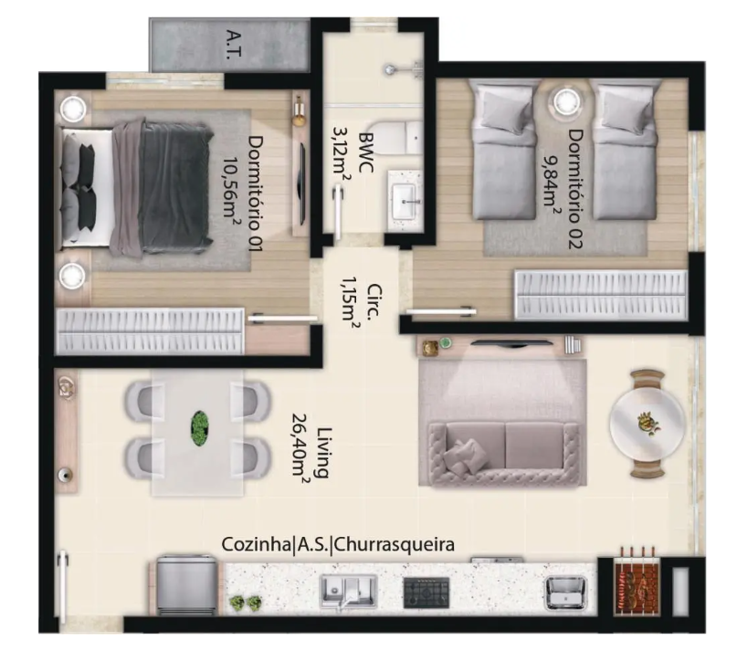 Planta 05 - 2 dorm 59m