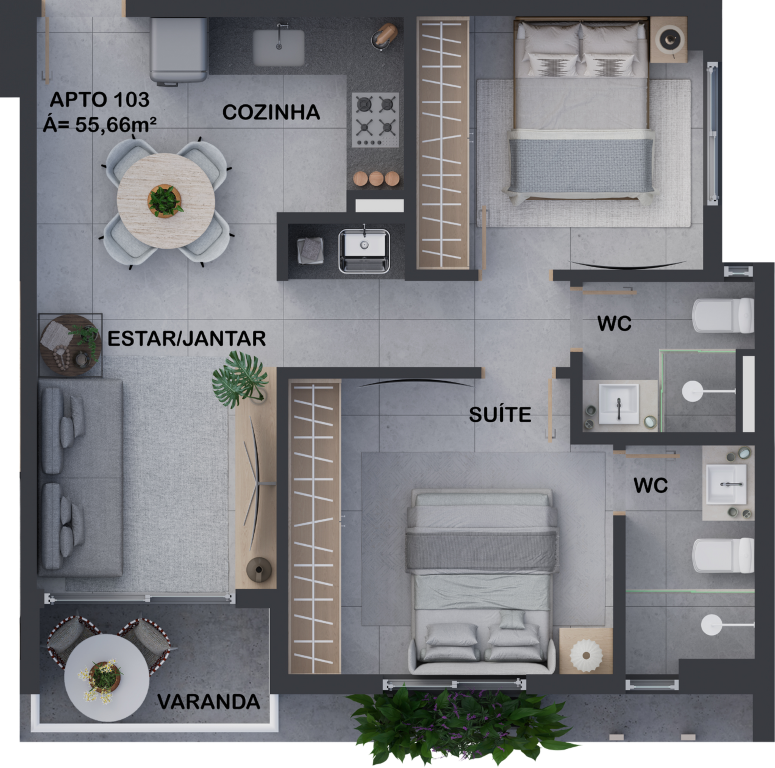 Planta 02 - 2 dorm 55,66m