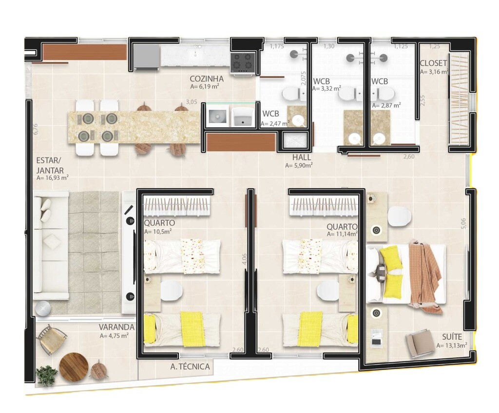 Planta 03 - 3 dorm 91,05m