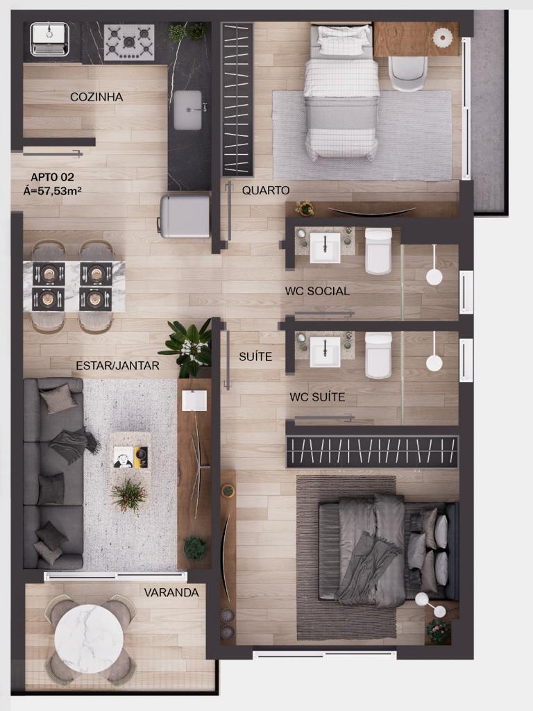 Planta 05 - 2 dorm 57,53m