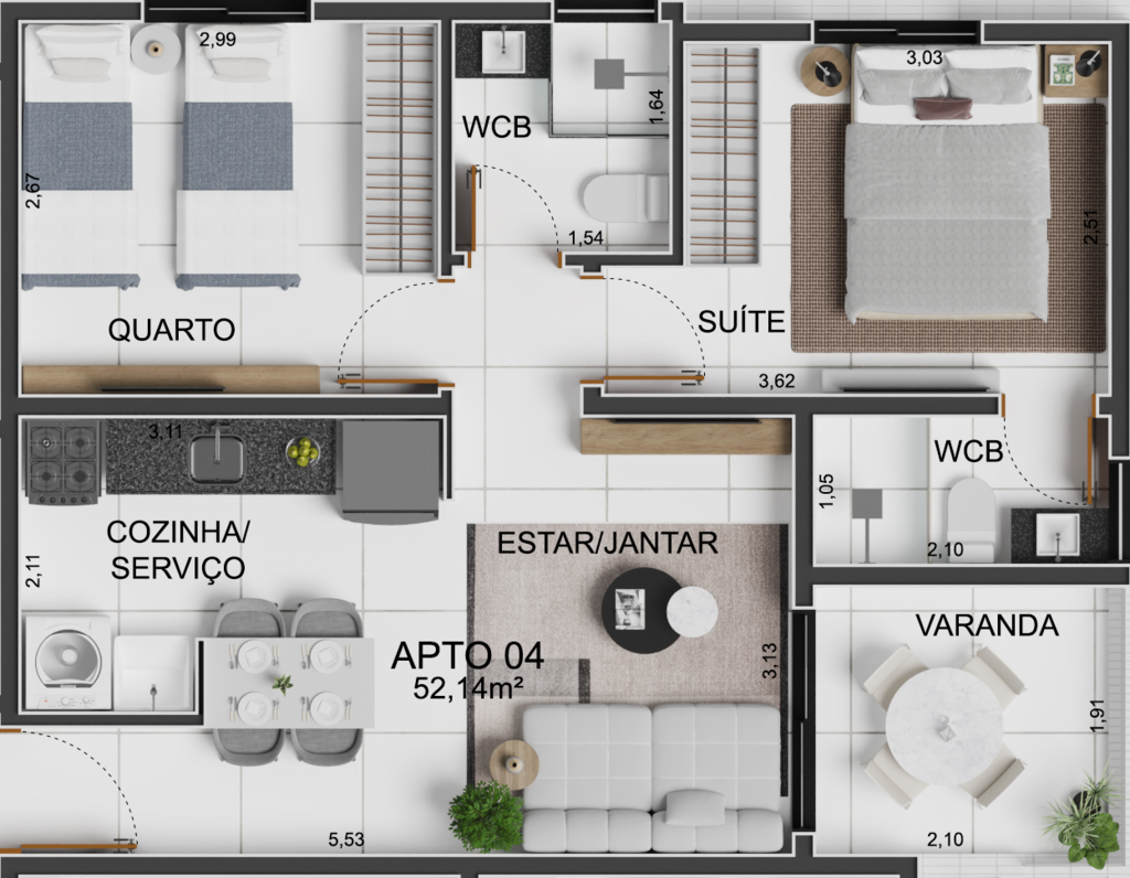 Planta 01 - 2 dorm 52,14m