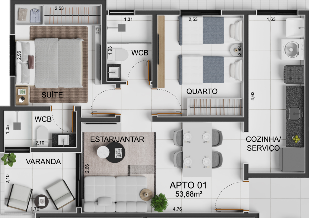 Planta 02 - 2 dorm 53,68m