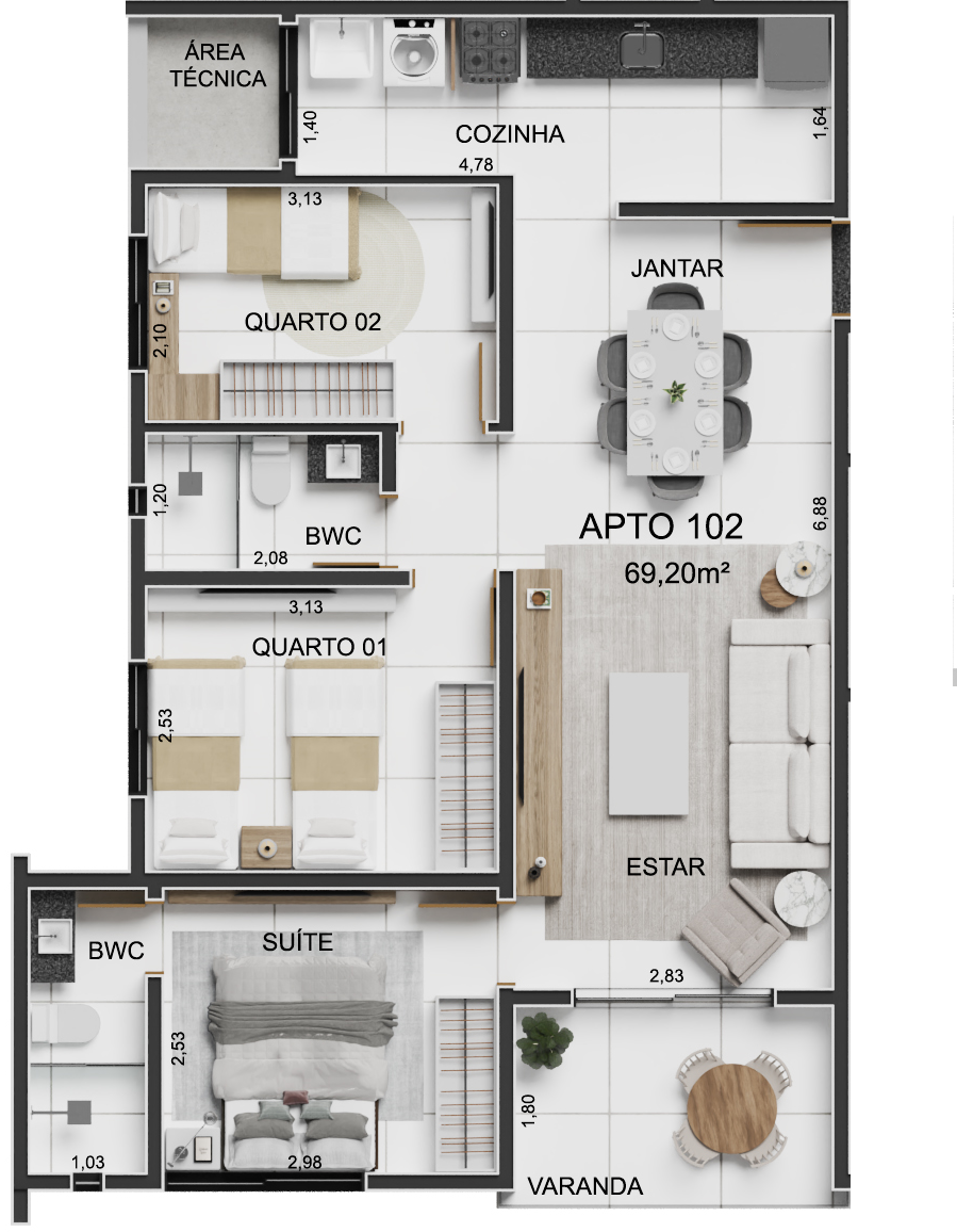 Planta 04 - 3 dorm 69,20m