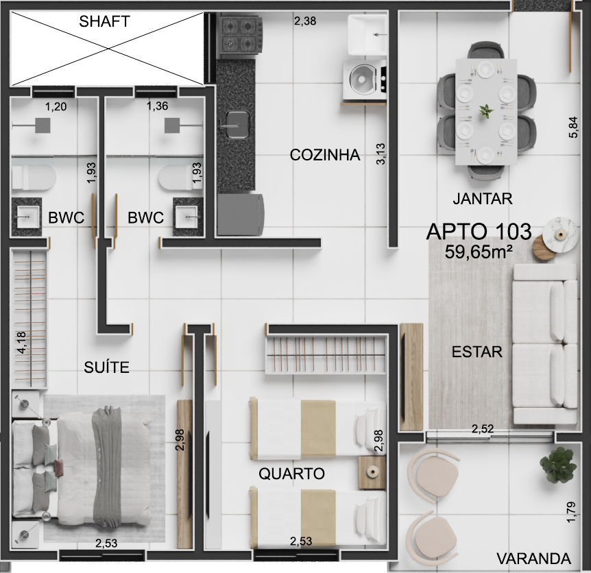 Planta 01 - 2 dorm 59,65m