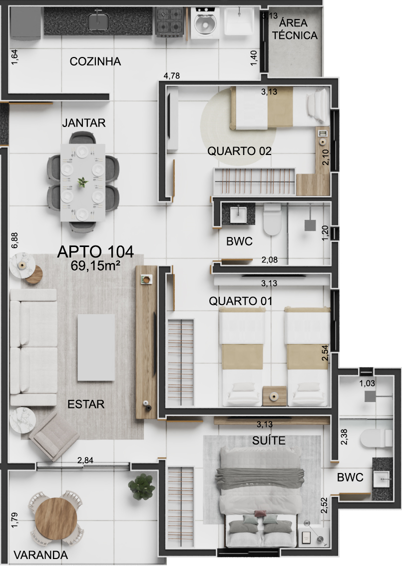 Planta 03 - 3 dorm 69,15m