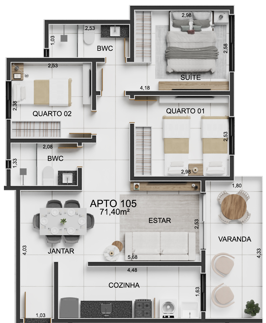 Planta 05 - 3 dorm 71,40m