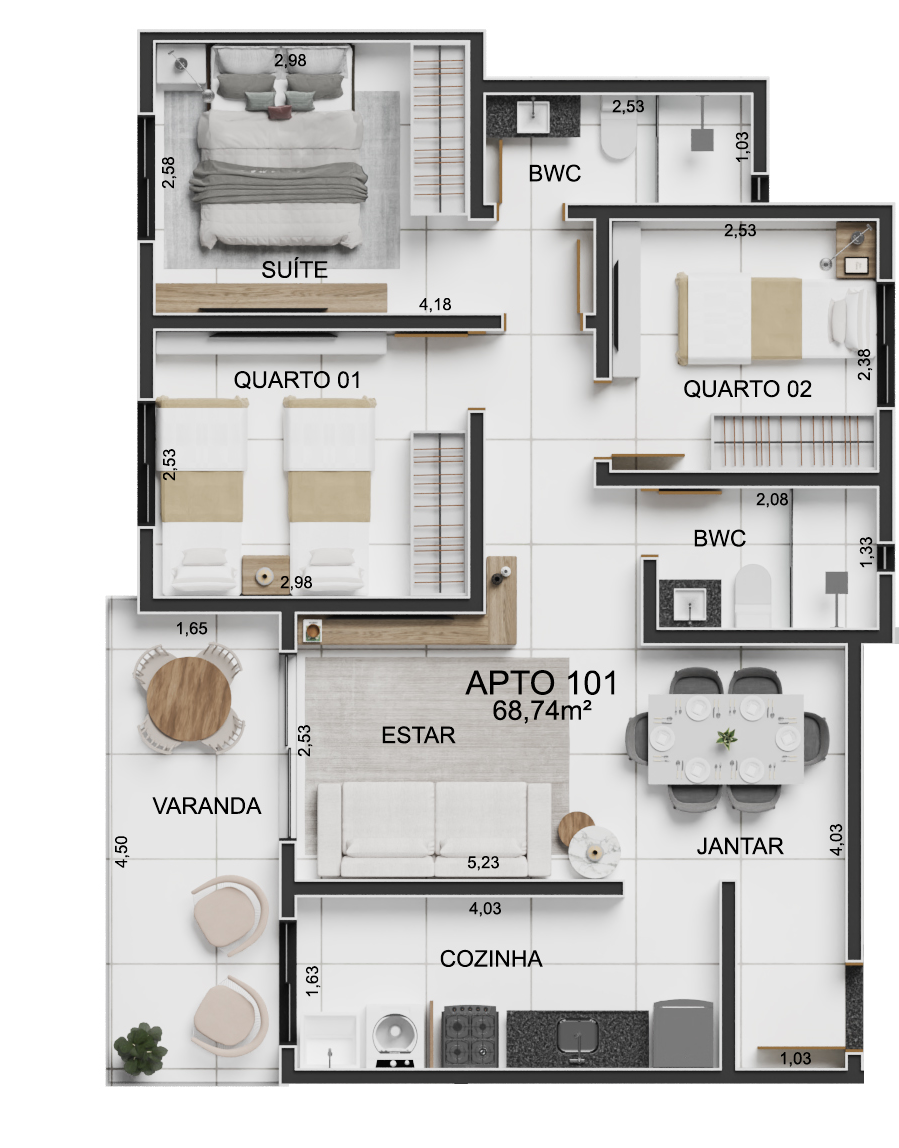 Planta 02 - 3 dorm 68,74m