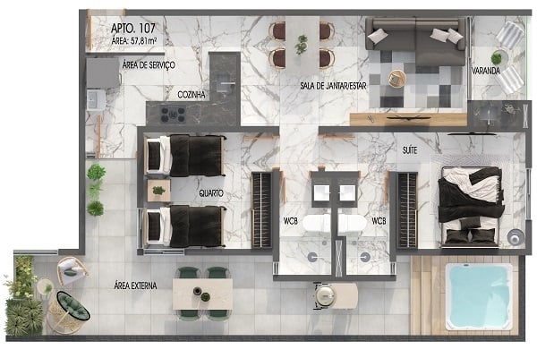 Planta 05 - 2 dorm 57,81m - garden