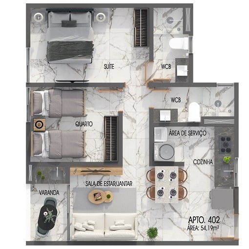 Planta 04 - 2 dorm 54,19m