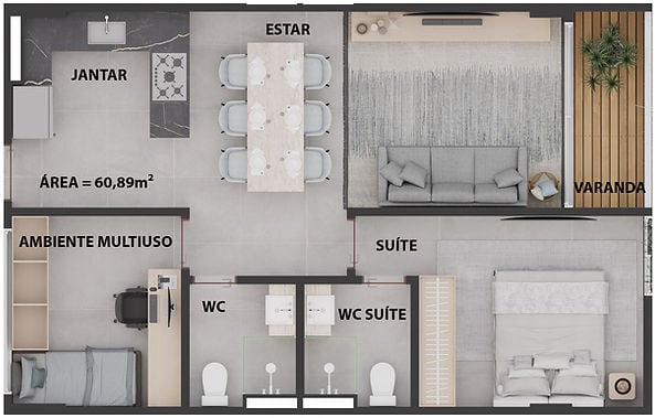 Planta 02 - 2 dorm 60,89m