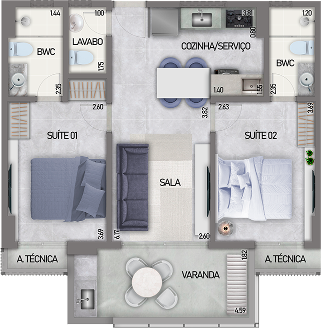 Planta 02 - 2 dorm 68m