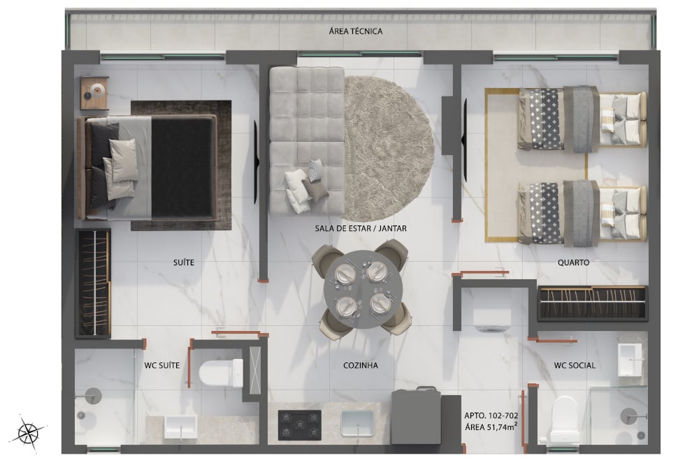 Planta 01 - 2 dorm 51,74m