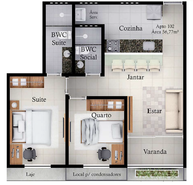 Planta 04 - 2 dorm 56,77m