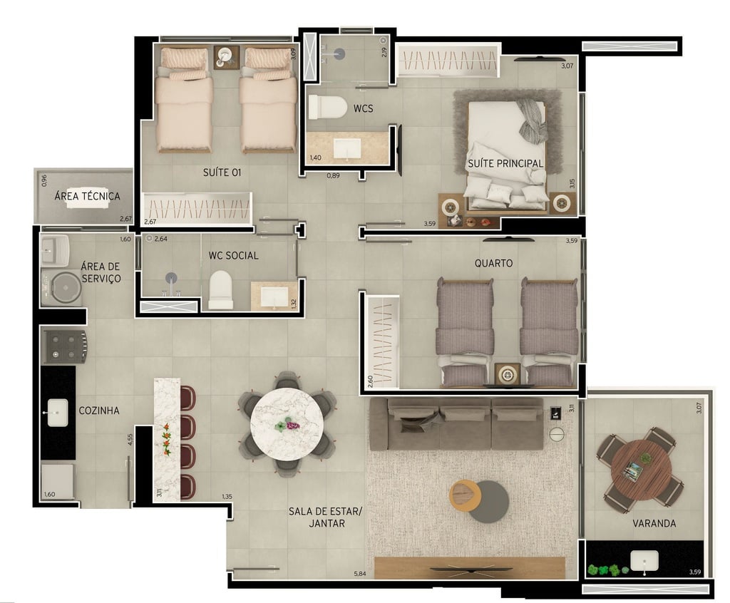 Planta 01 - 3 dorm 91,53m