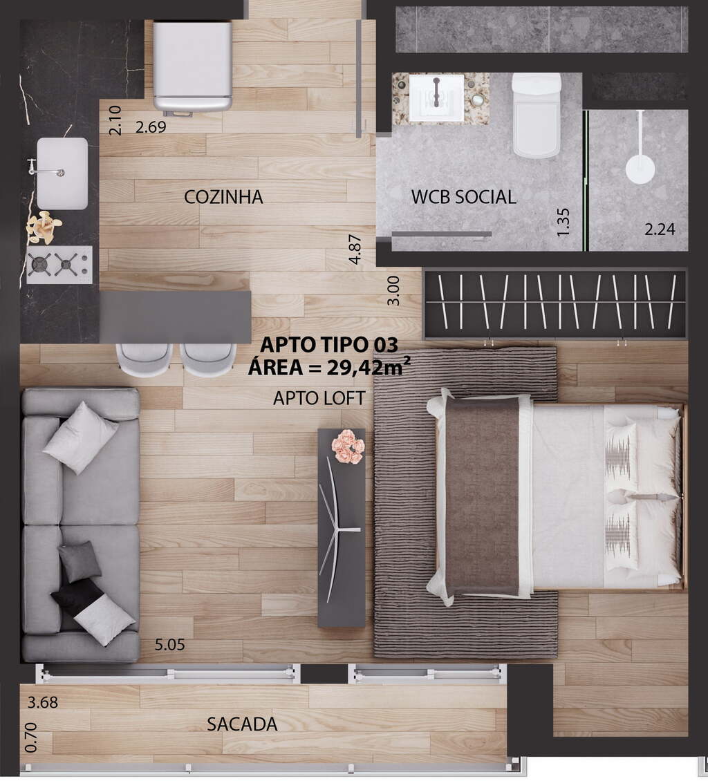 Planta 05 - 1 dorm 29,42m - studio