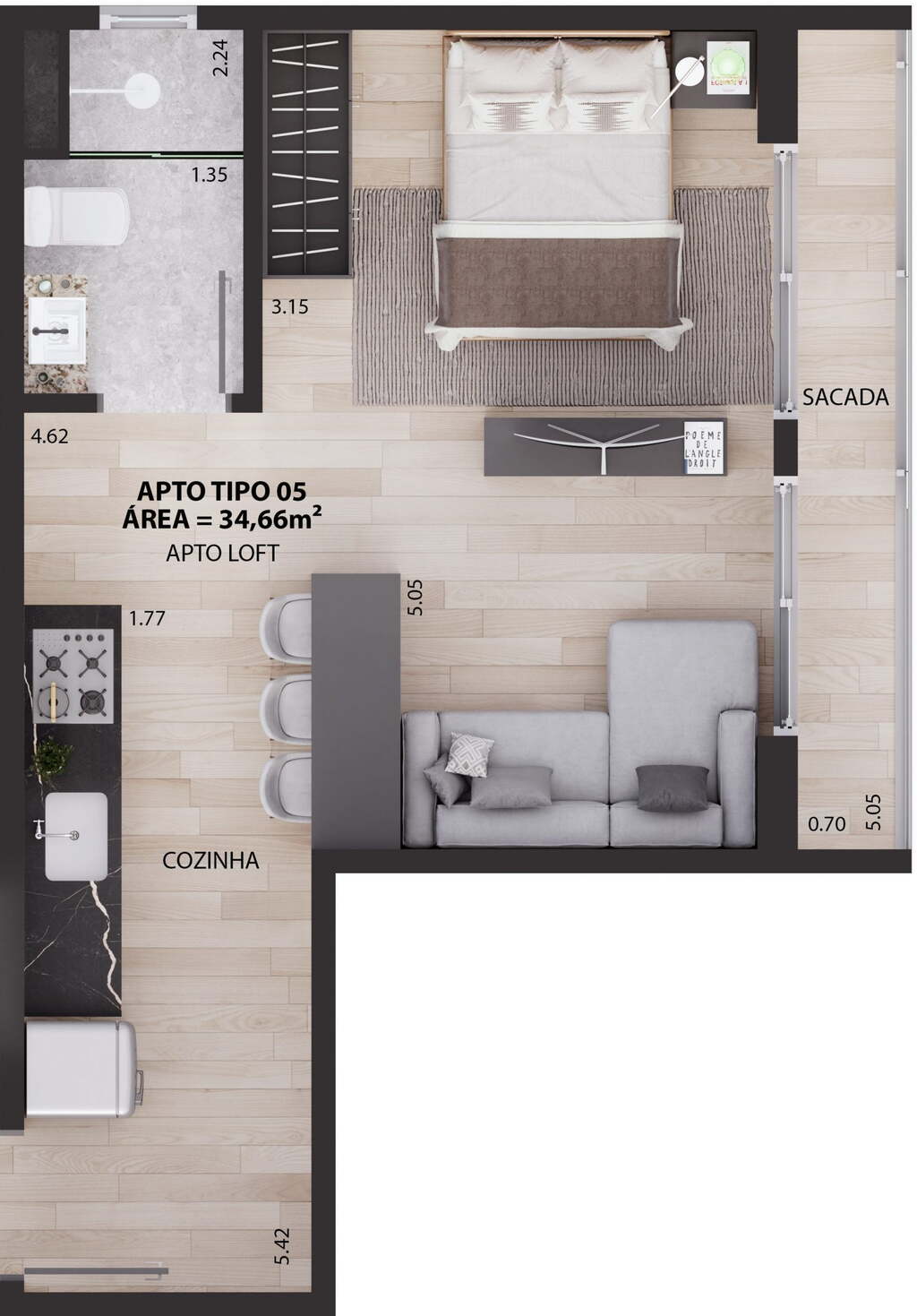 Planta 06 - 1 dorm 34,66m - studio