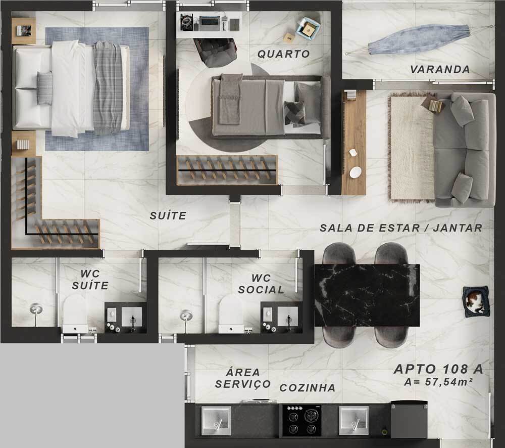 Planta 02 - 2 dorm 57,54m