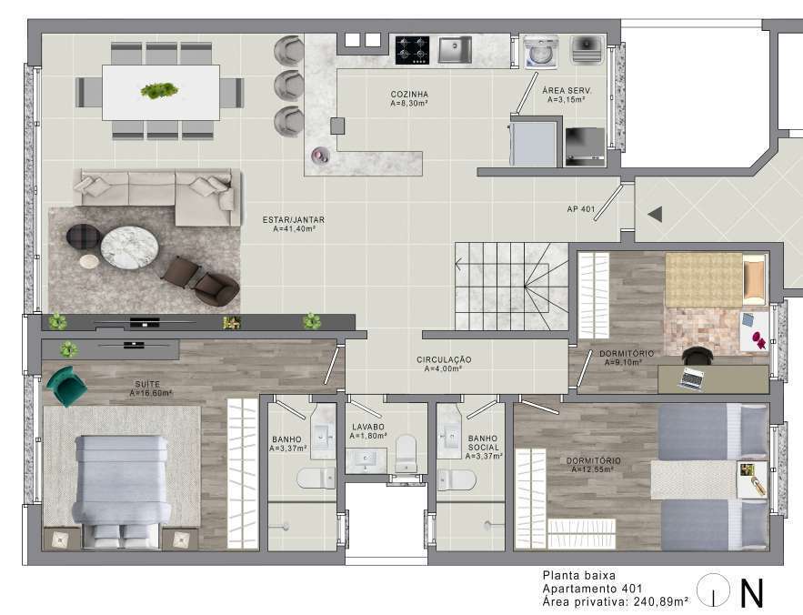 Planta 05 - 3 dorm 240,89m - cobertura duplex - inferior