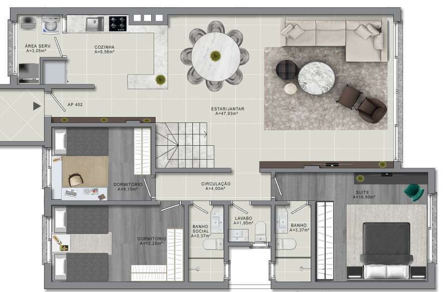 Planta 07 - 3 dorm 243,26m - cobertura duplex - inferior