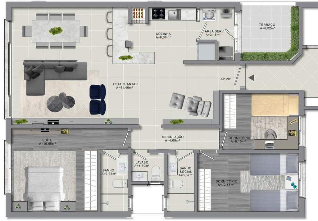 Planta 02 - 3 dorm 127,81m