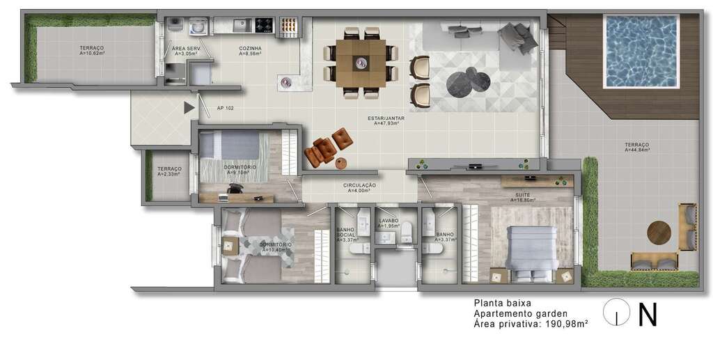 Planta 04 - 3 dorm 190,98m - garden