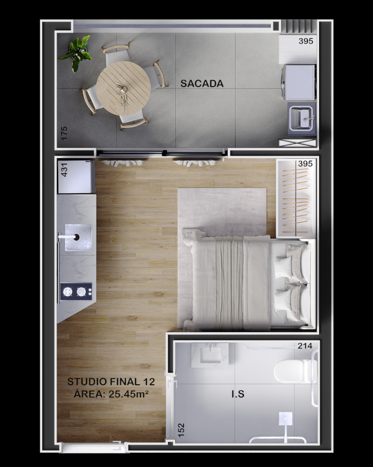 Planta 02 - 1 dorm 25,45m - studio