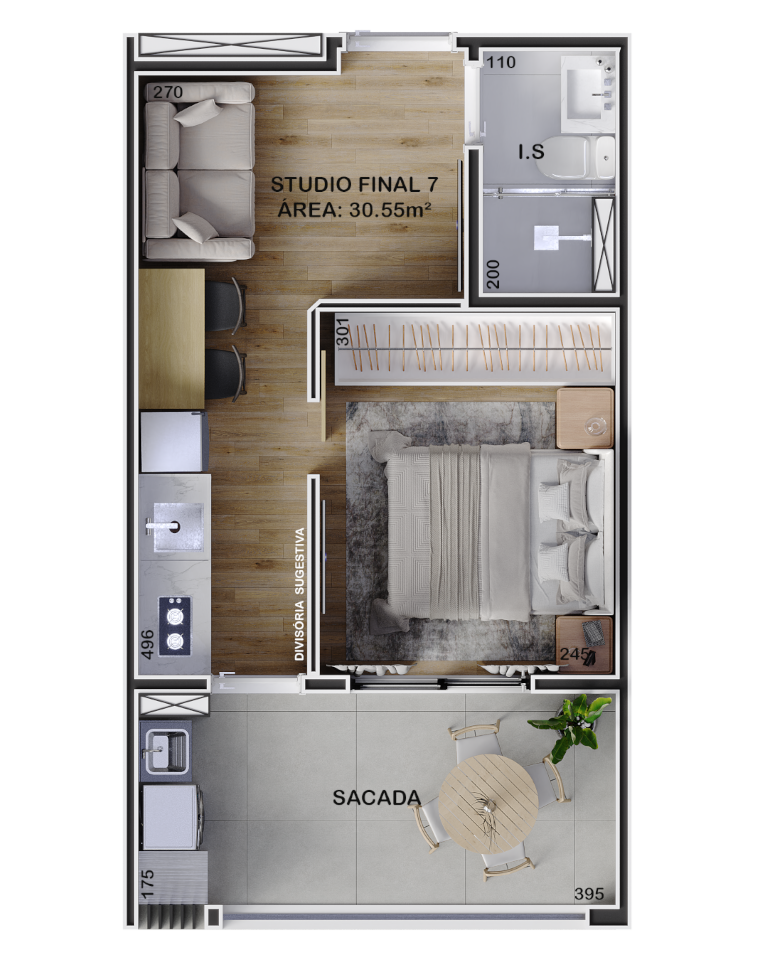 Planta 09 - 1 dorm 30,55m - studio