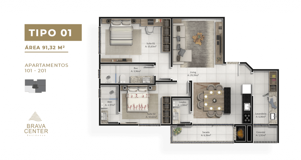 Planta 01 - 2 dorm 91 32m