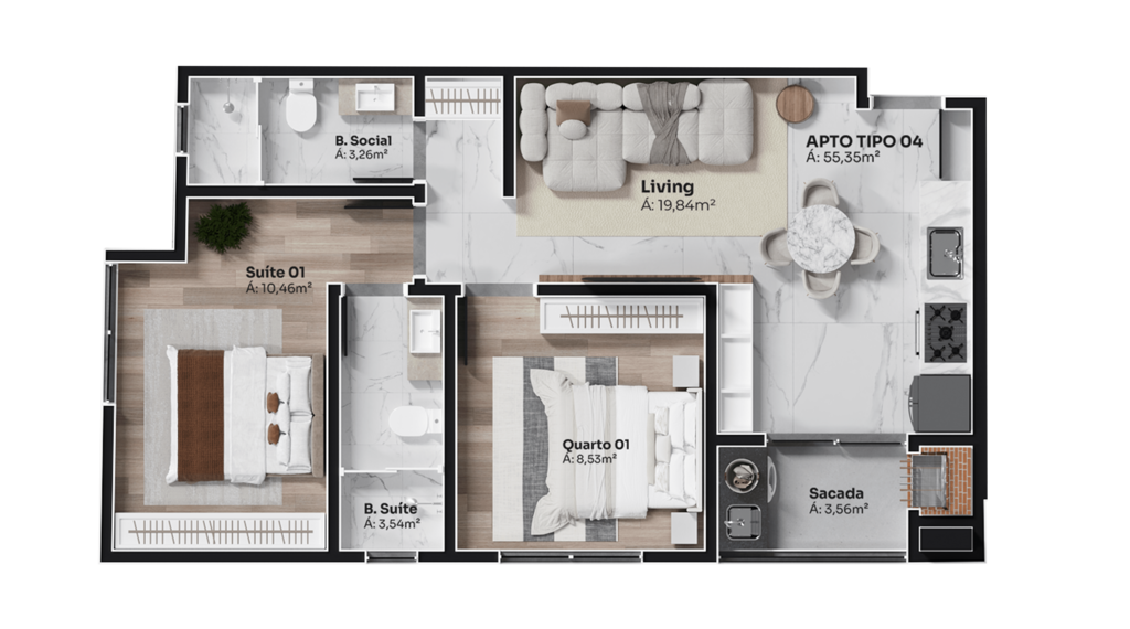 Planta 02 - 2 dorm 56,35m