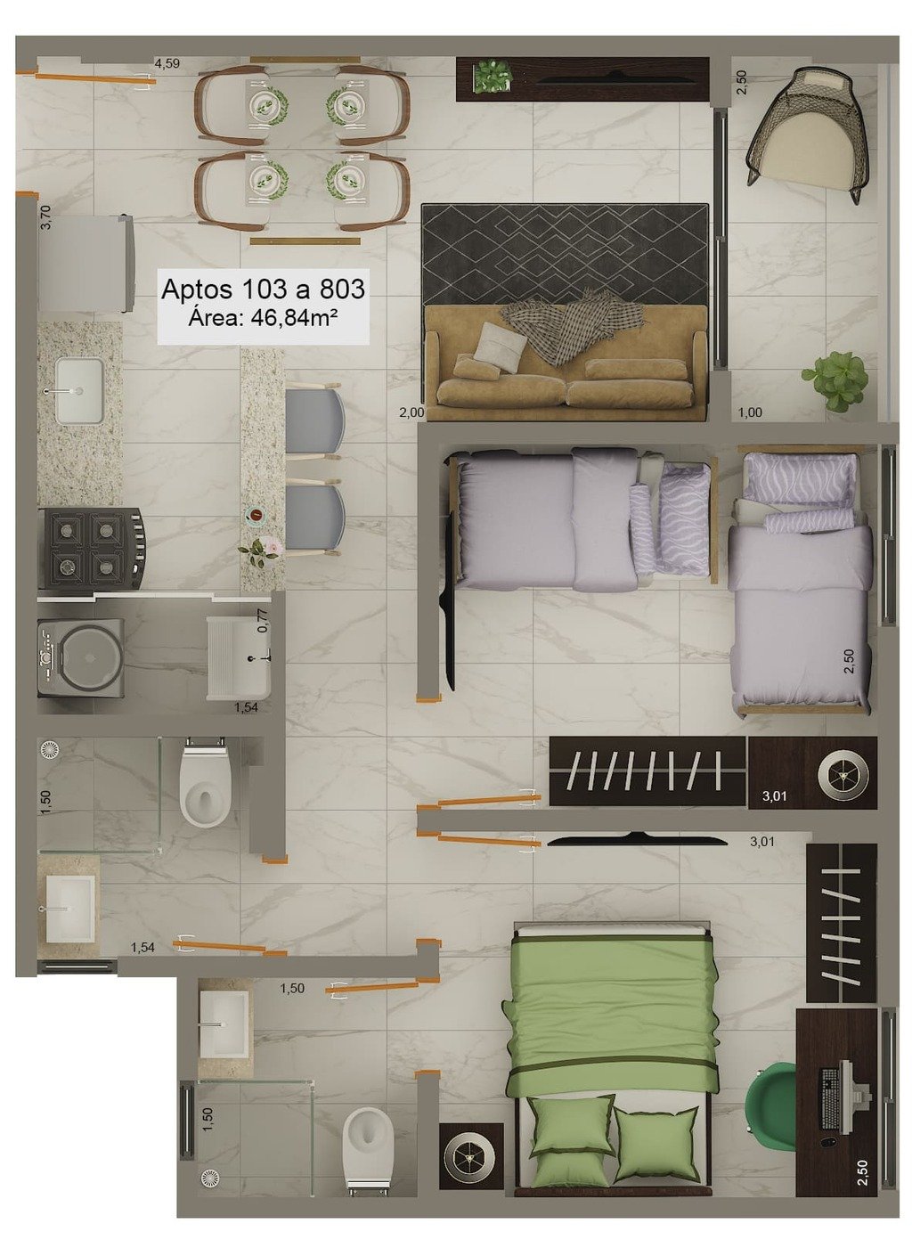 Planta 02 - 2 dorm 46,84m