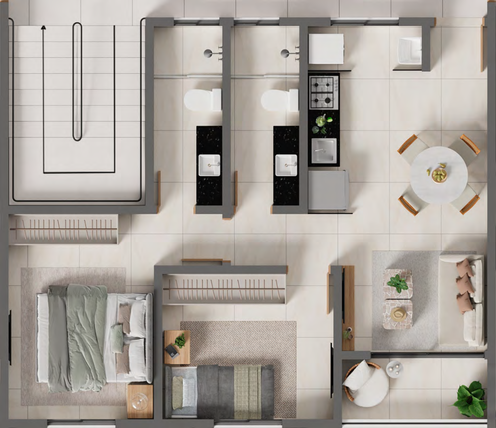 Planta 01 - 2 dorm 53,40m