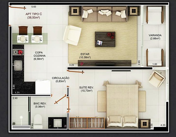 Planta 02 - 1 dorm 38,50m
