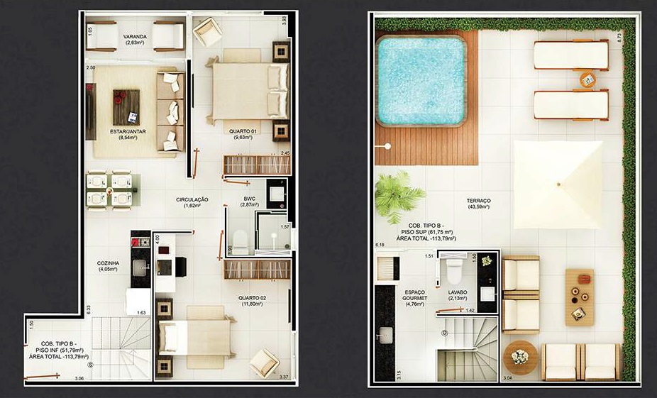 Planta 18 - 2 dorm 113,79m - cobertura duplex